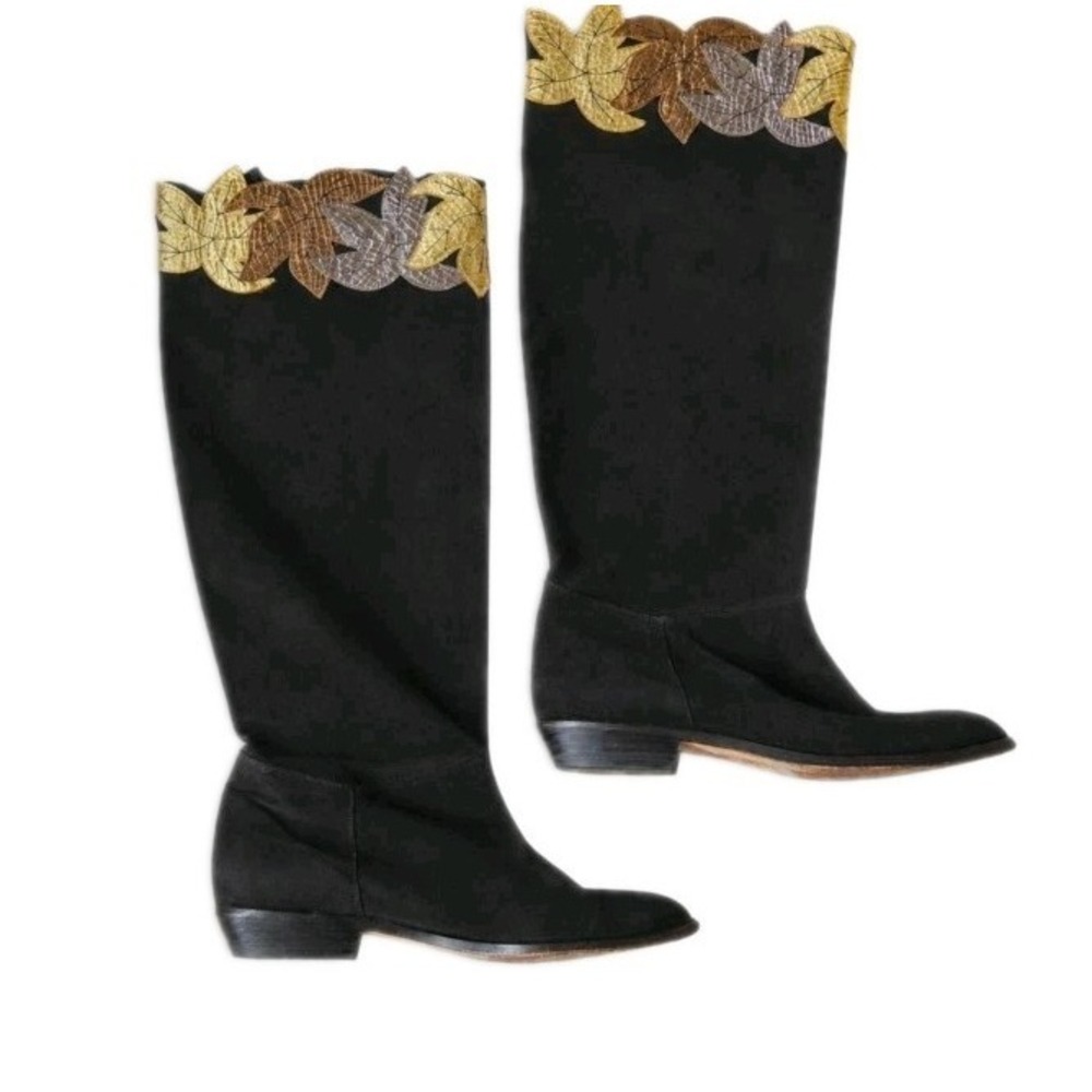 ZALO Vintage Boots Size 6 Leaf Print Applique Metallic Leather Suede 80s Black